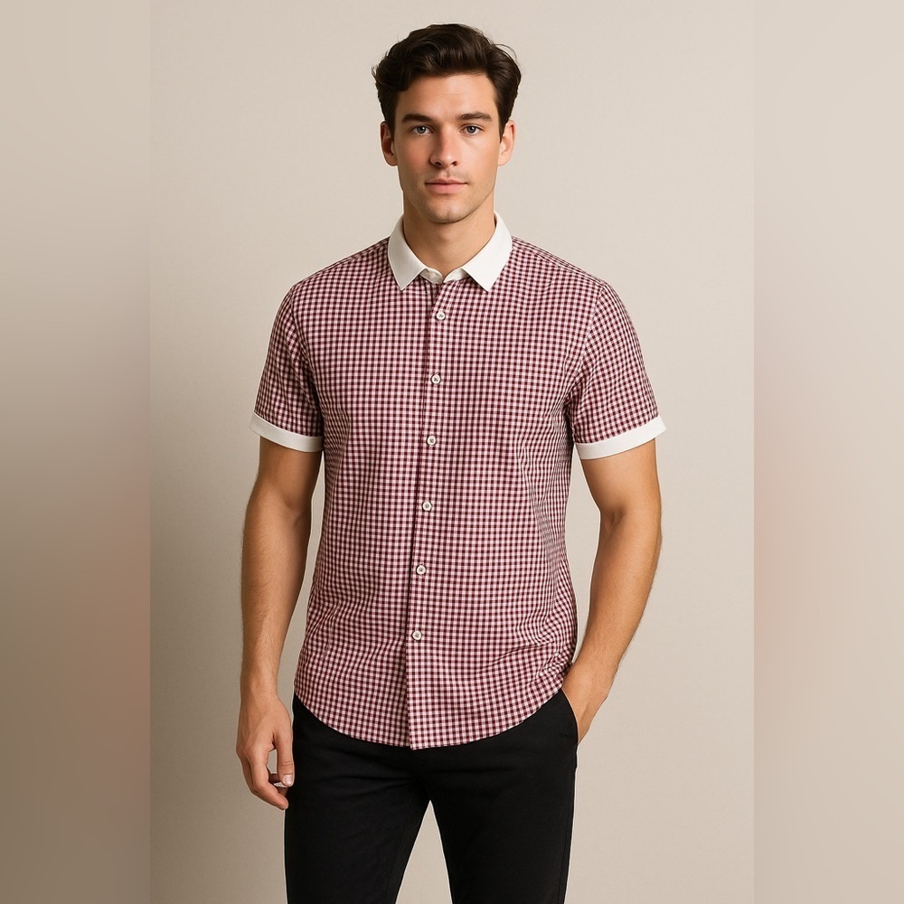 Michael Kors Men's Red Gingham Check Slim Fit Casual Button Down Shirt Size L